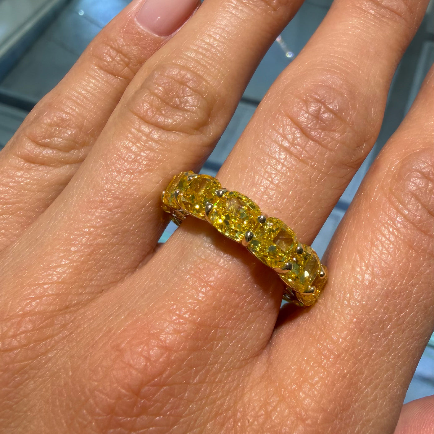 13.77ct Fancy Vivid Yellow Square Cushion Lab Diamonds Eternity Ring