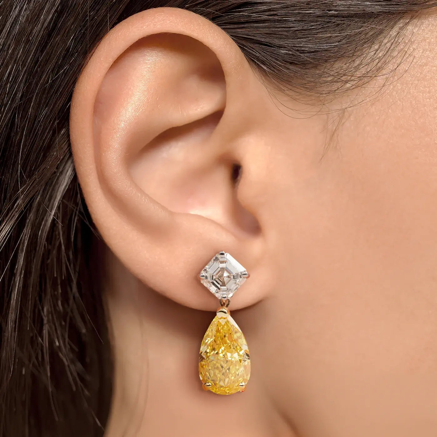 3ct Fancy Vivid Yellow Pear - Asscher Drop Earrings