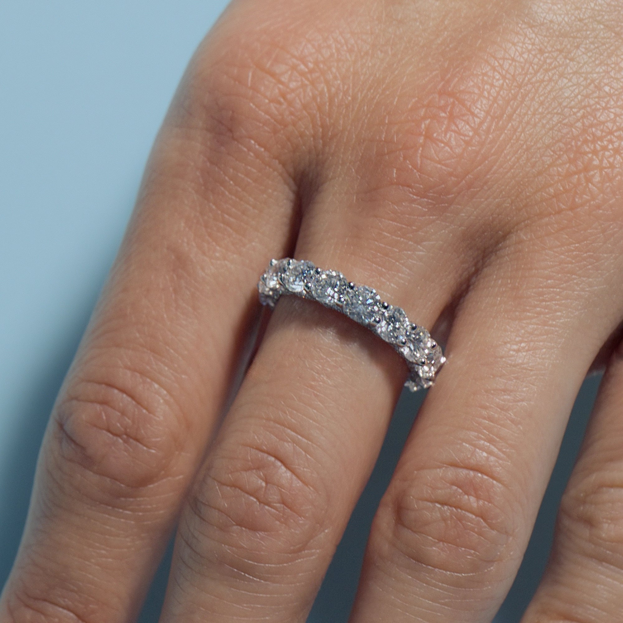 Round Lab Diamonds Intricate Eternity Ring on model's finger against a light blue background