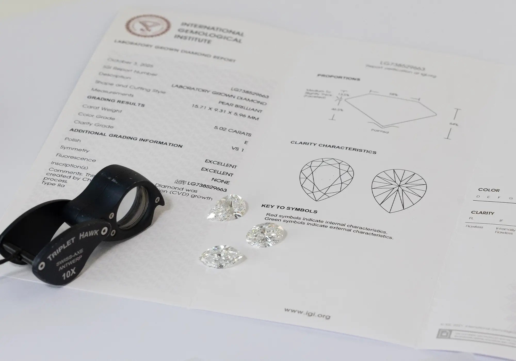 An IGI diamond grading report is laid out with loose diamonds and a jeweler’s loupe on a white surface.