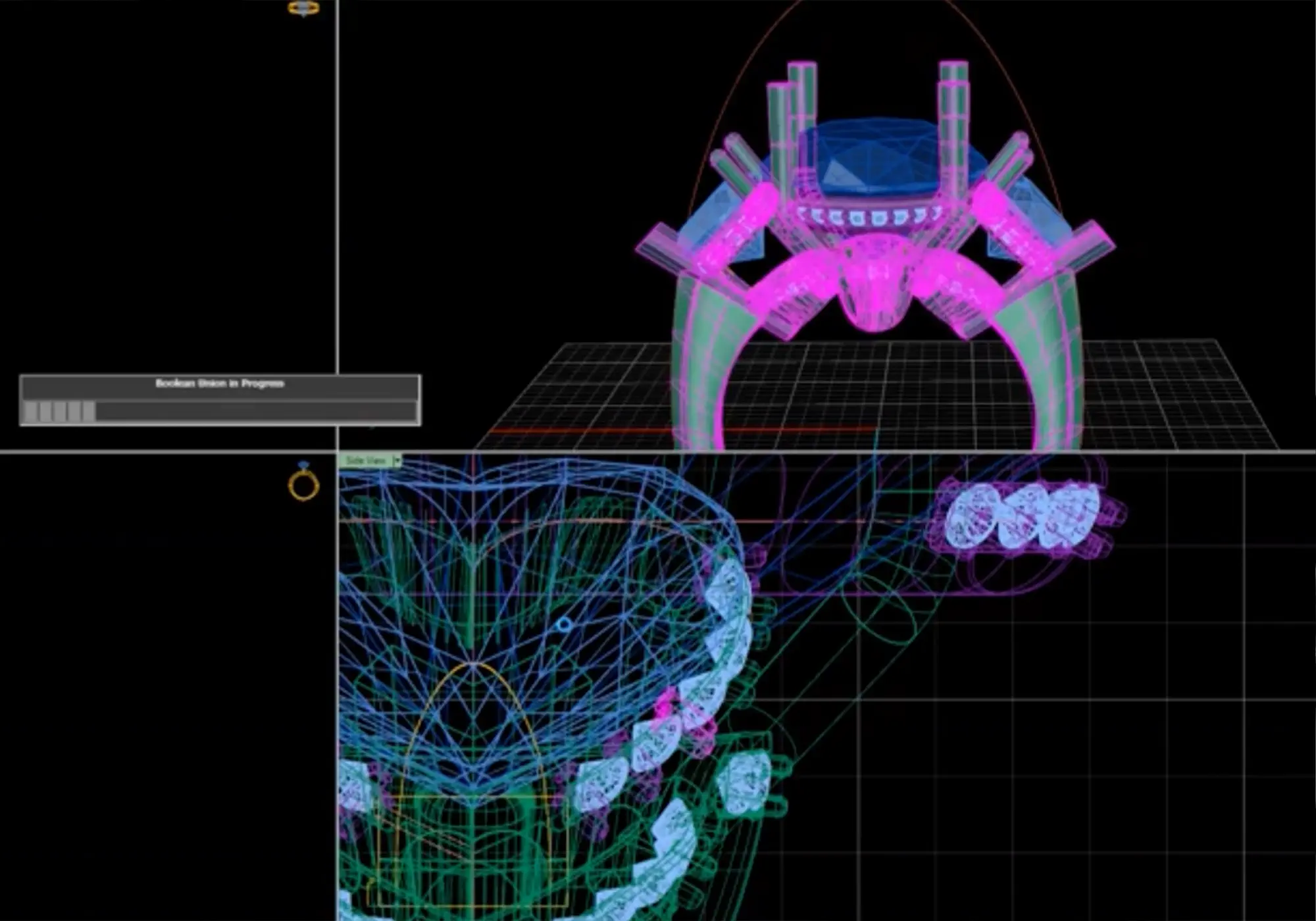 CAD design of a diamond ring setting with prongs and side stones