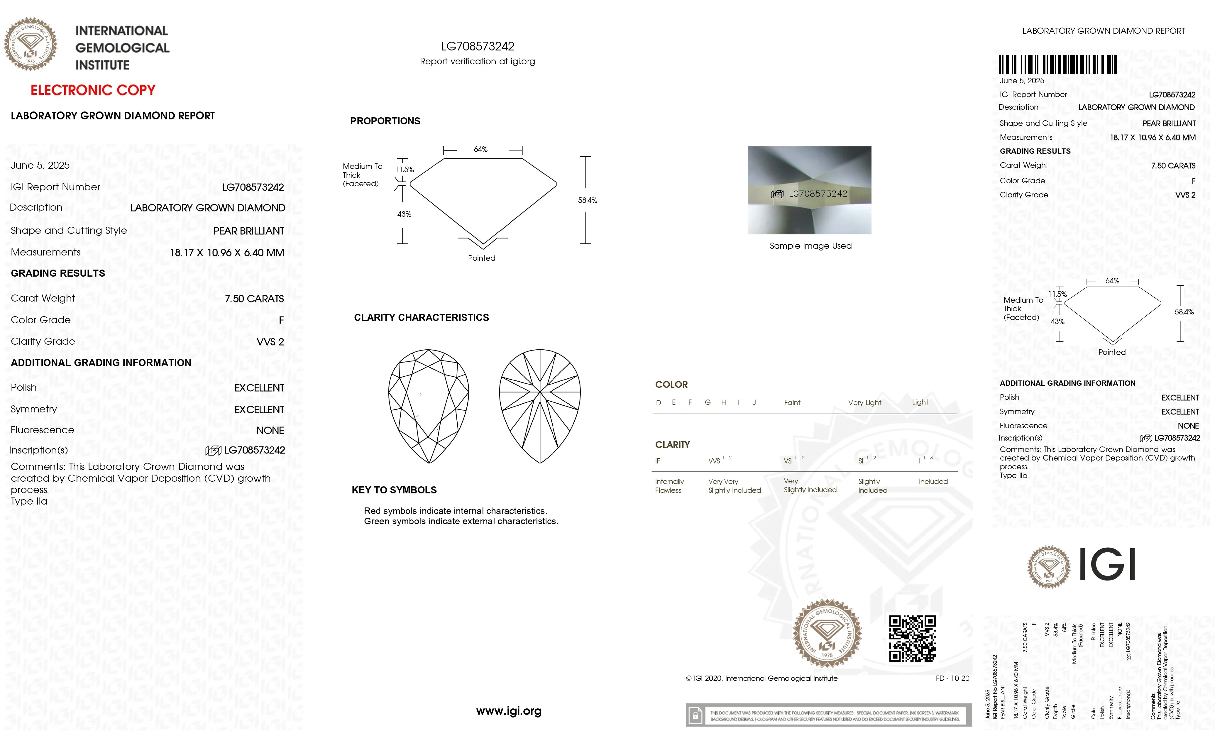 7.5ct F VVS2 Pear Lab Diamond, IGI Certificate