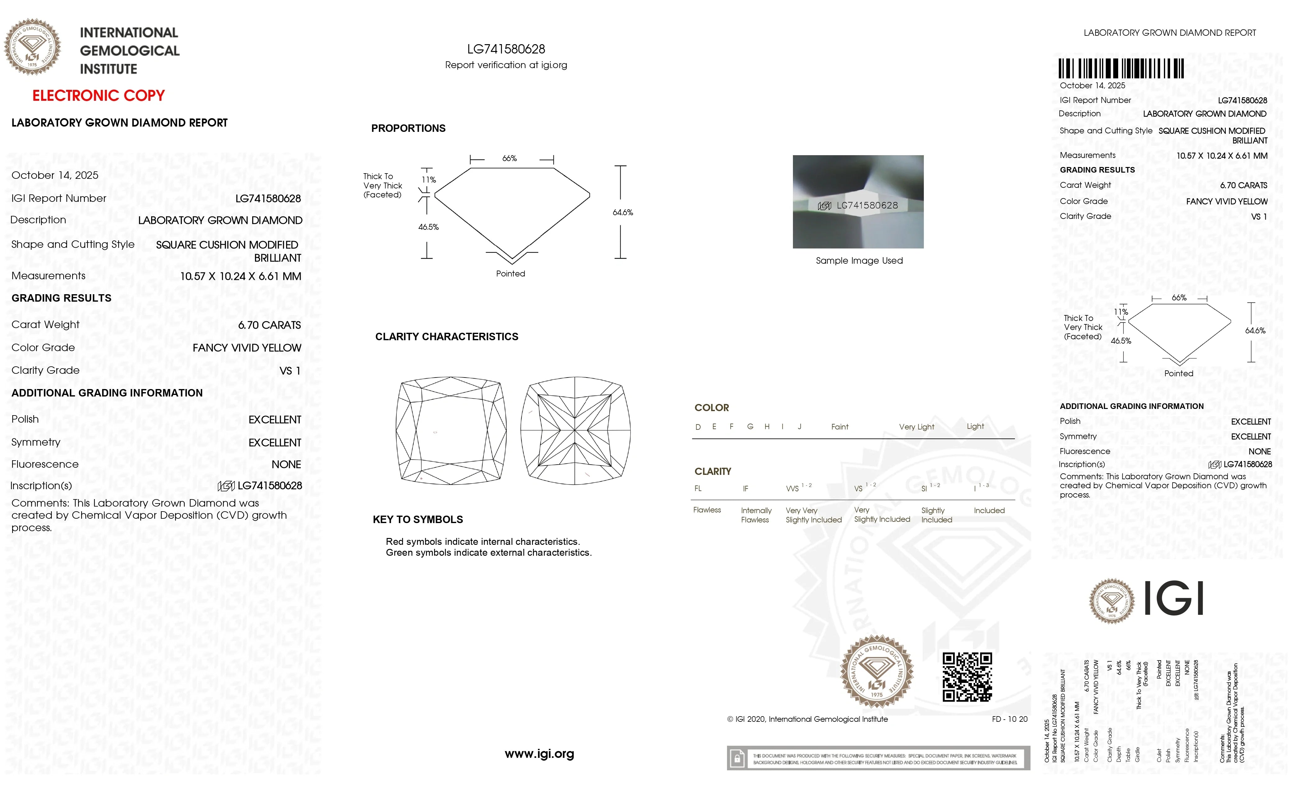 6.7ct Fancy Vivid Yellow VS1 Cushion Lab Diamond, IGI Certificate