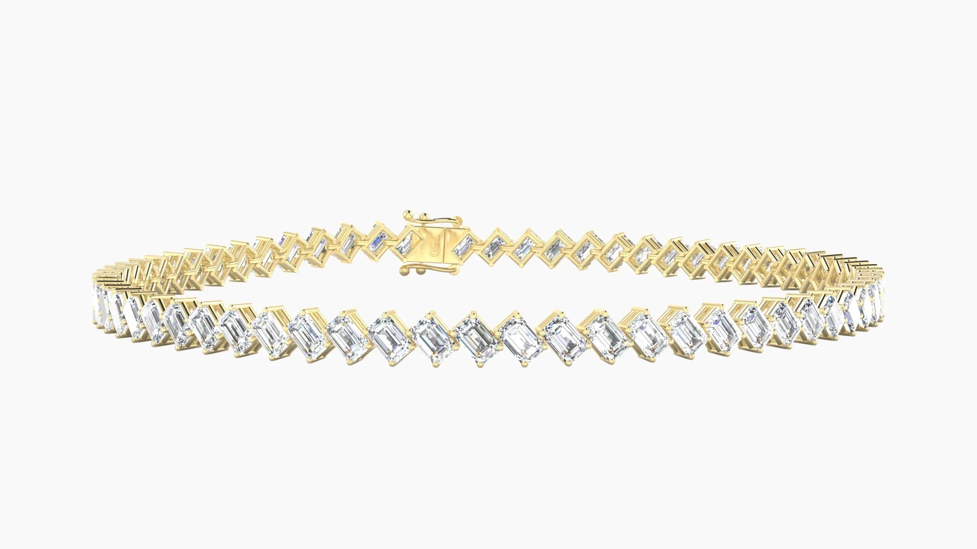 Angled Prong Setting | 18k Yellow Gold 3 x 2 mm White Lab Diamond Emerald Tennis Bracelet