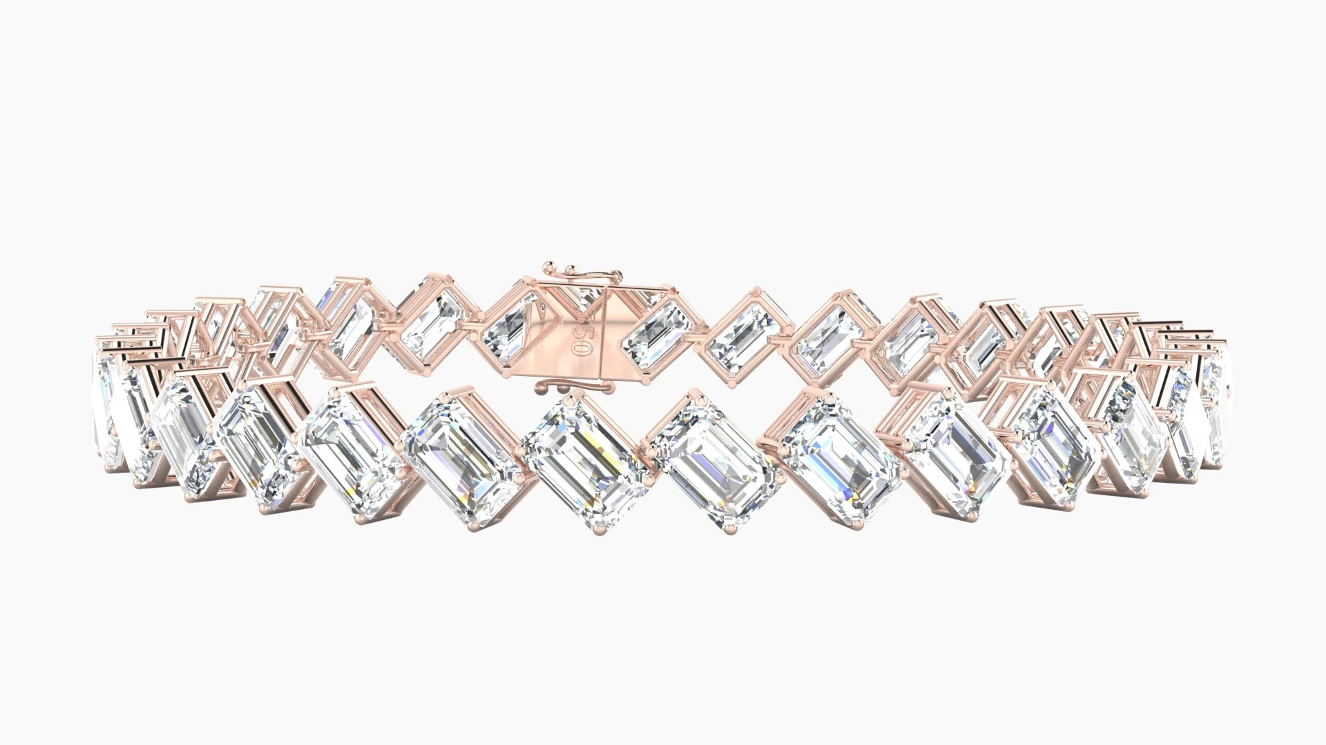 Angled Prong Setting | 18k Rose Gold 6 x 4 mm White Lab Diamond Emerald Tennis Bracelet