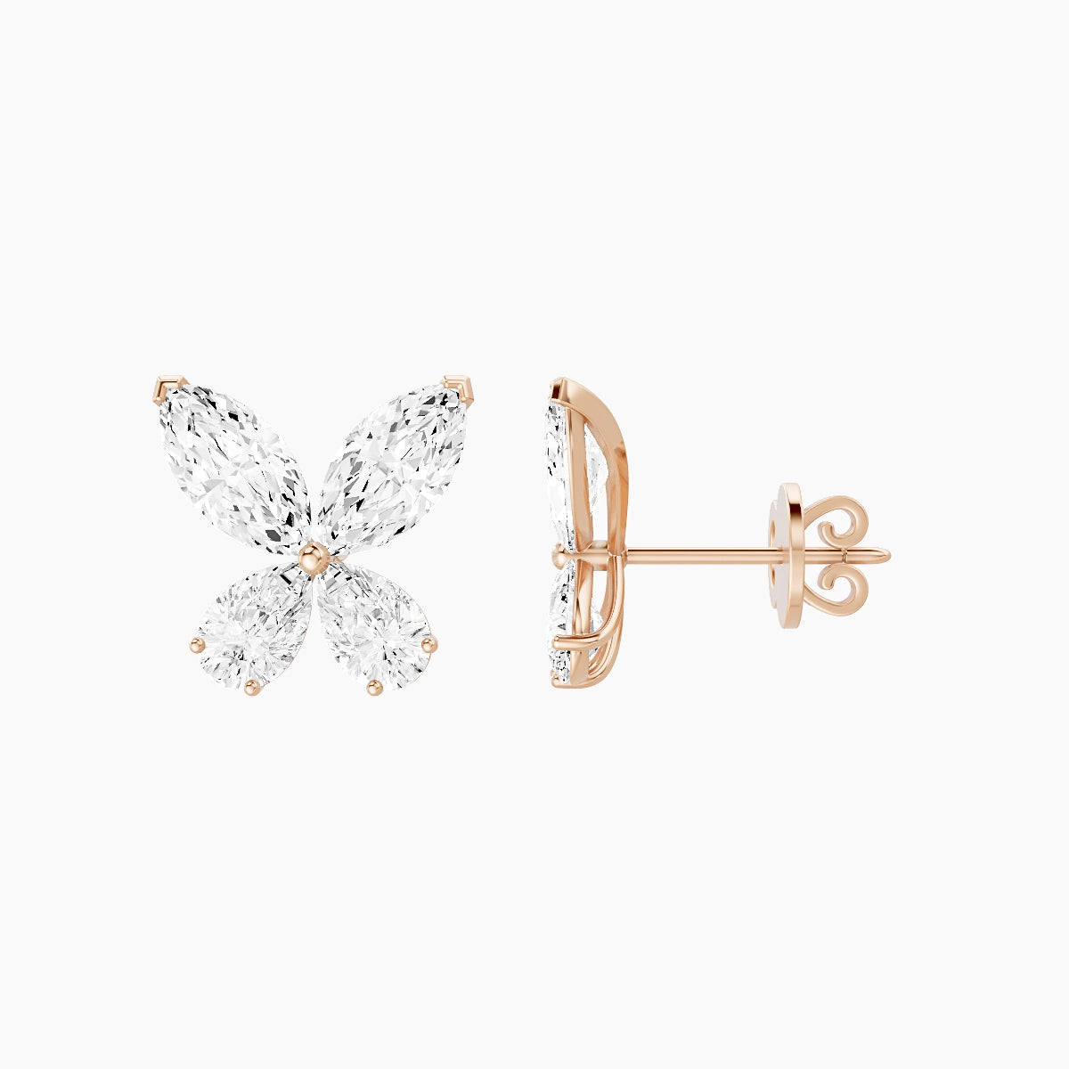 18k Rose Gold Marquise White Lab Diamond Pear Butterfly Stud Earrings | 4.6 ct total