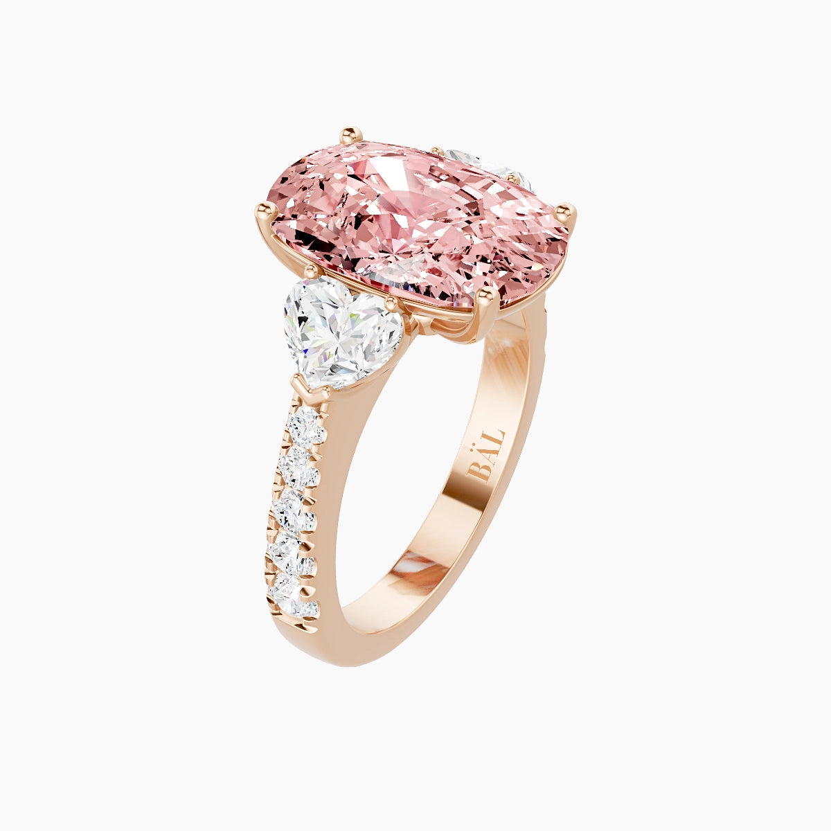 Classic Heart Trilogy with Reverse Shank | 18k Rose Gold 5 ct Cushion Pink Lab Diamond Ring