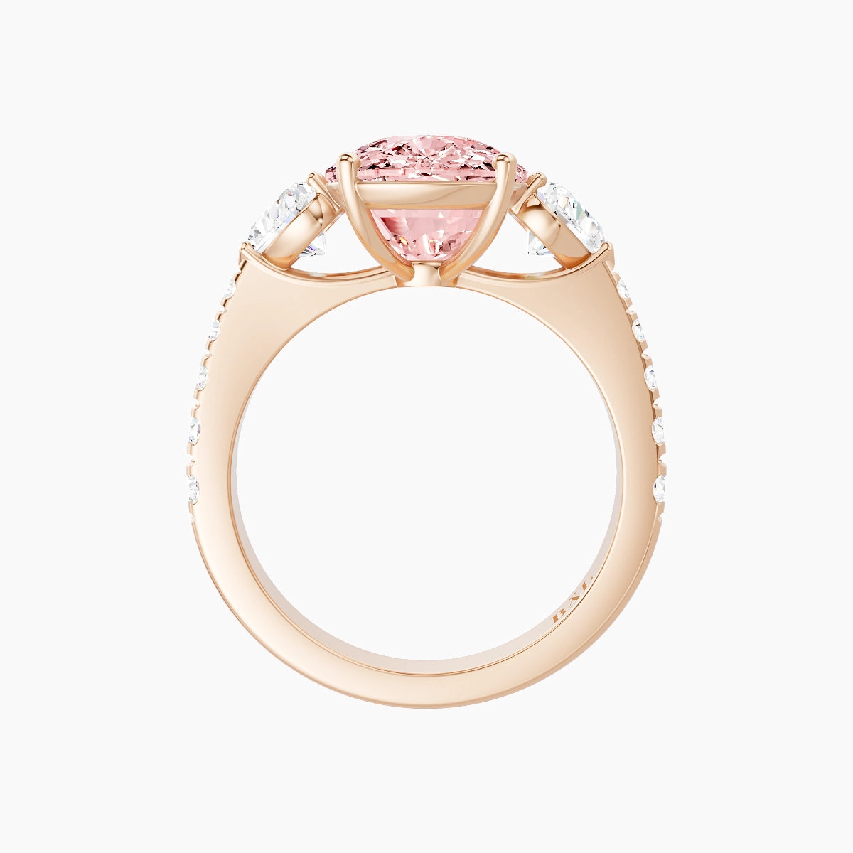 Classic Heart Trilogy with Reverse Shank | 18k Rose Gold 5 ct Cushion Pink Lab Diamond Ring