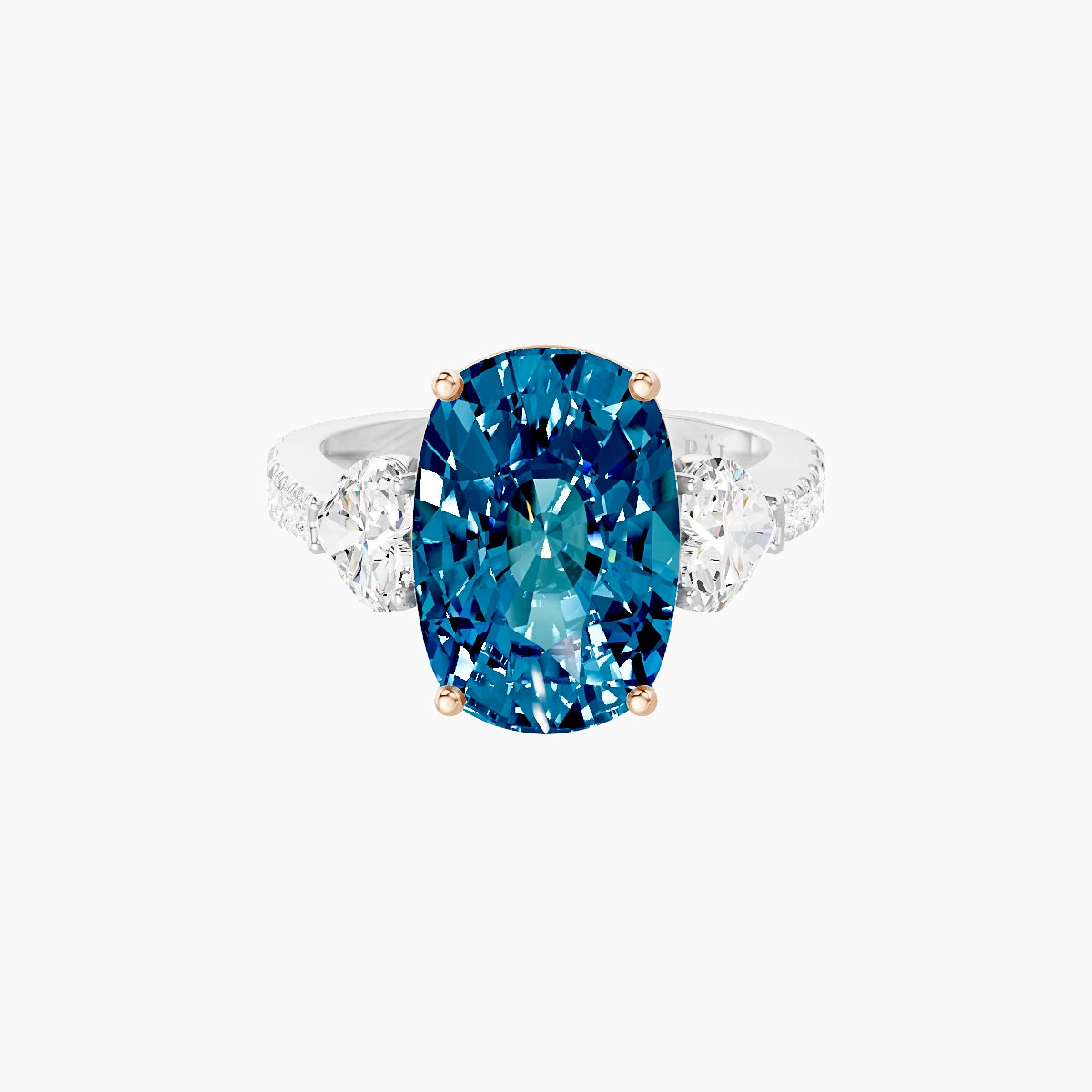 Classic Heart Trilogy with Reverse Shank | 18k White & Rose Gold 5 ct Cushion Blue Lab Diamond Ring