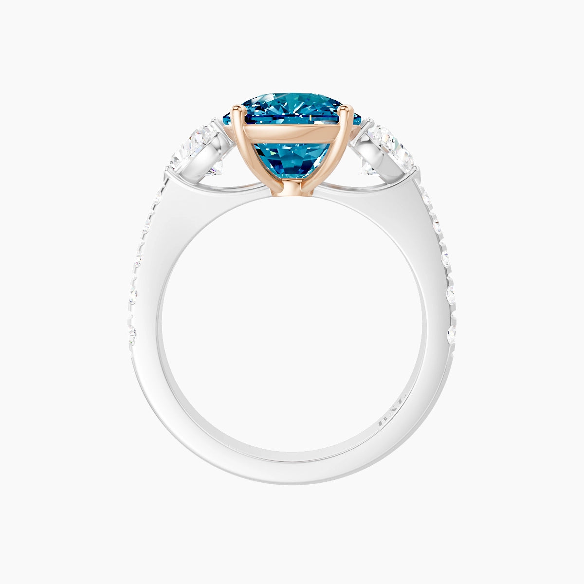 Classic Heart Trilogy with Reverse Shank | 18k White & Rose Gold 5 ct Cushion Blue Lab Diamond Ring