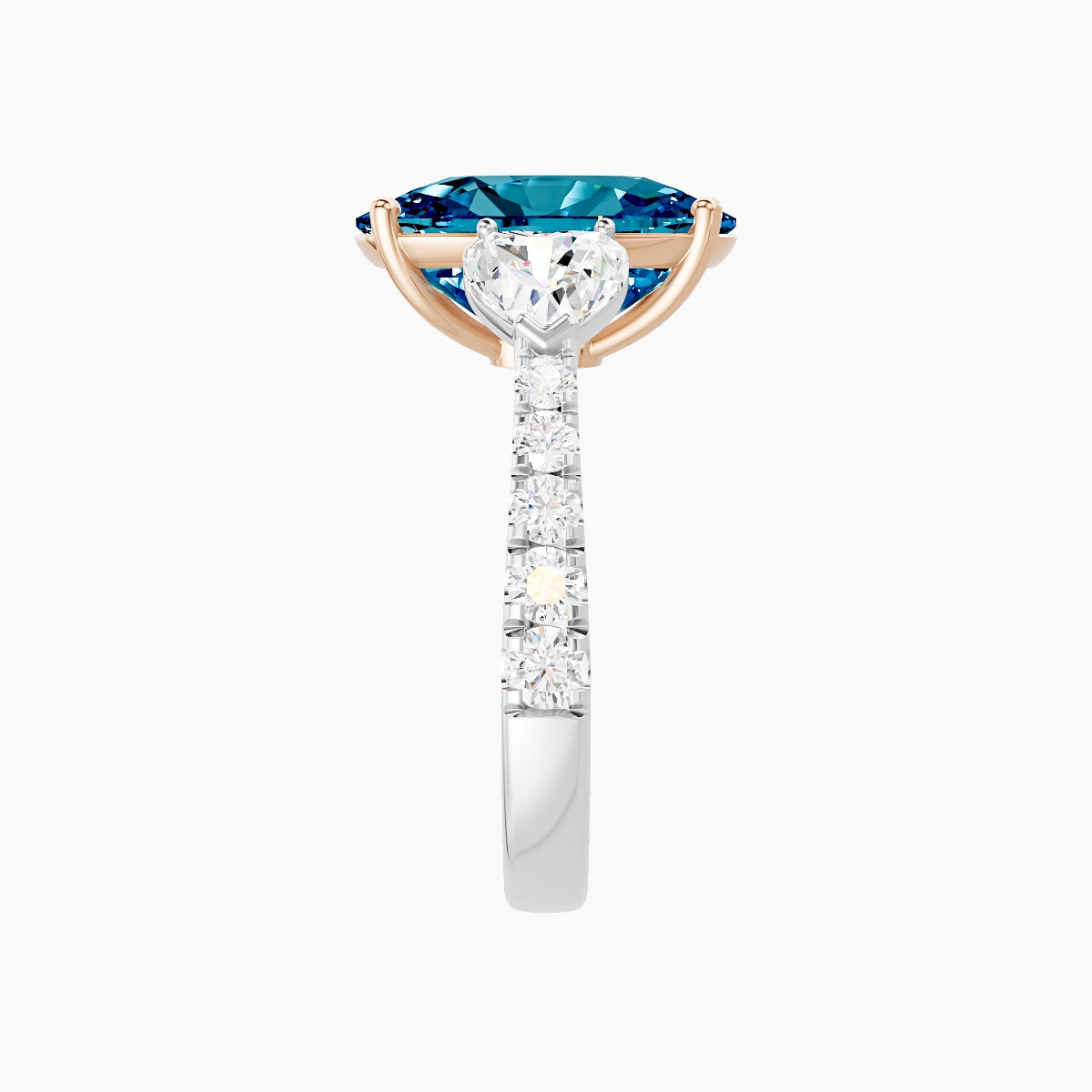 Classic Heart Trilogy with Reverse Shank | 18k White & Rose Gold 5 ct Cushion Blue Lab Diamond Ring
