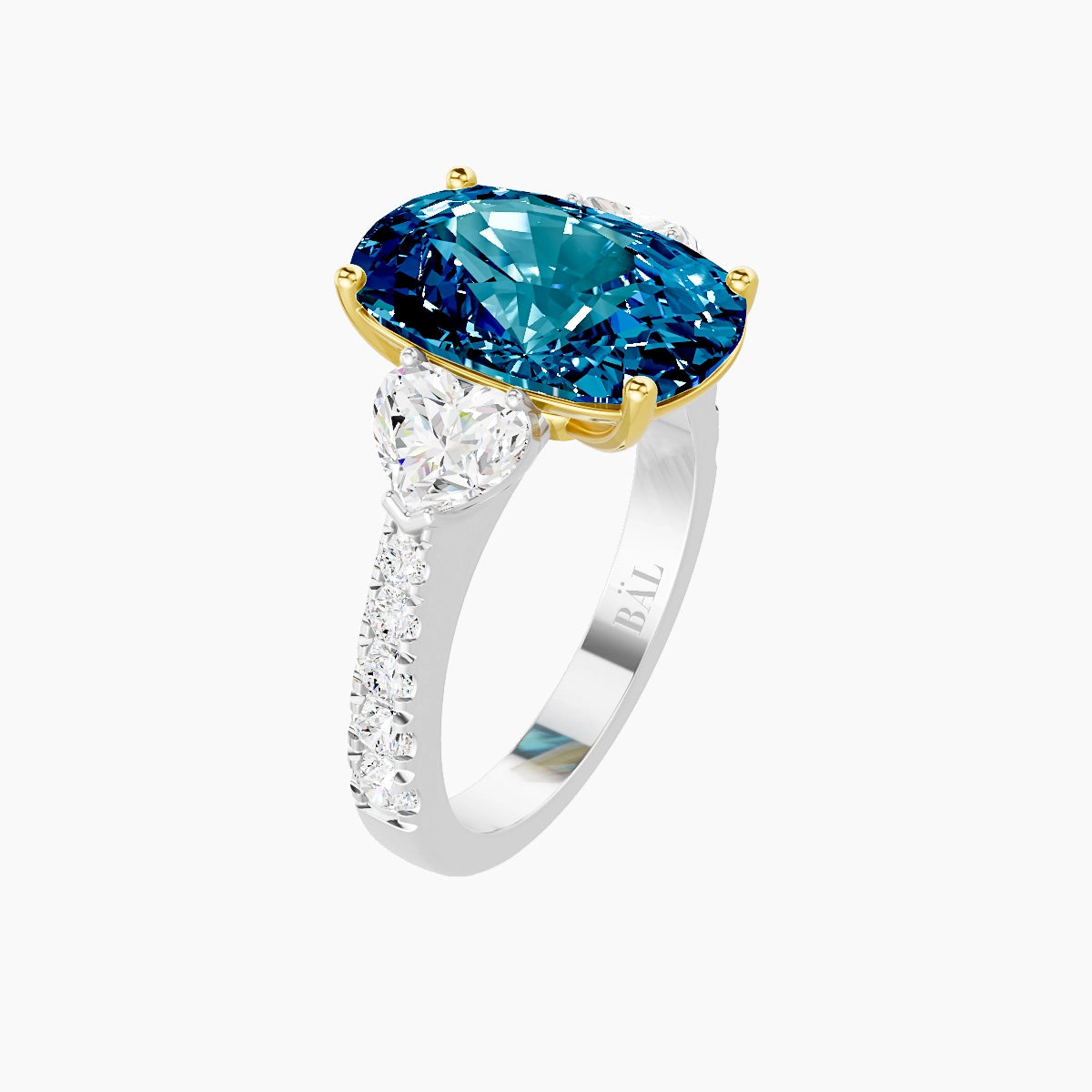Classic Heart Trilogy with Reverse Shank | 18k White & Yellow Gold 5 ct Cushion Blue Lab Diamond Ring