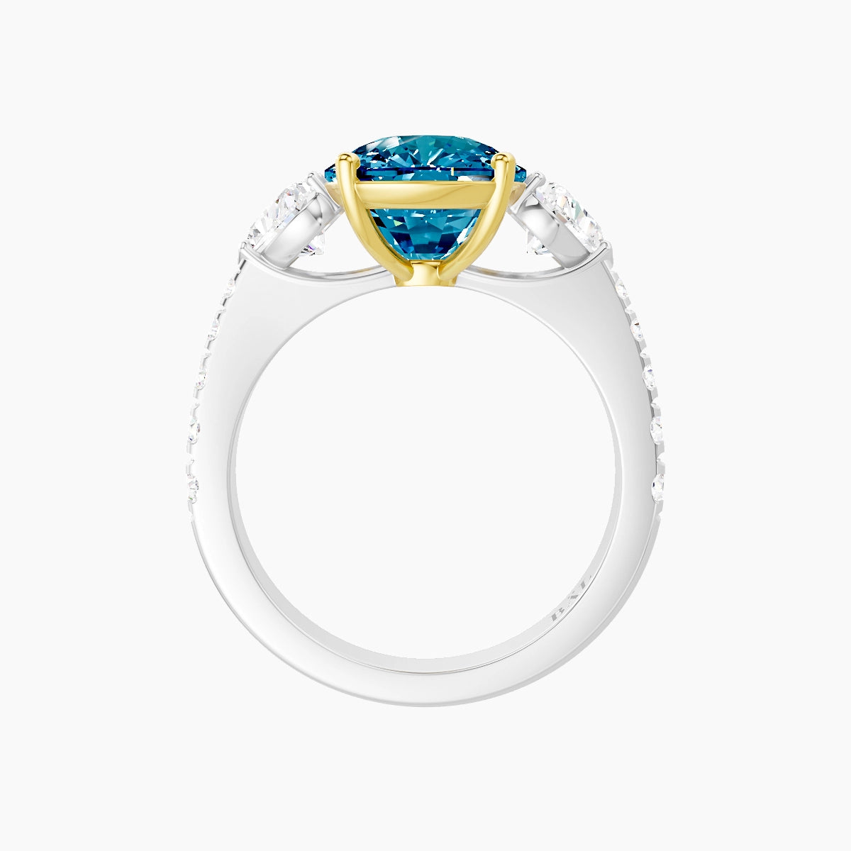 Classic Heart Trilogy with Reverse Shank | 18k White & Yellow Gold 5 ct Cushion Blue Lab Diamond Ring