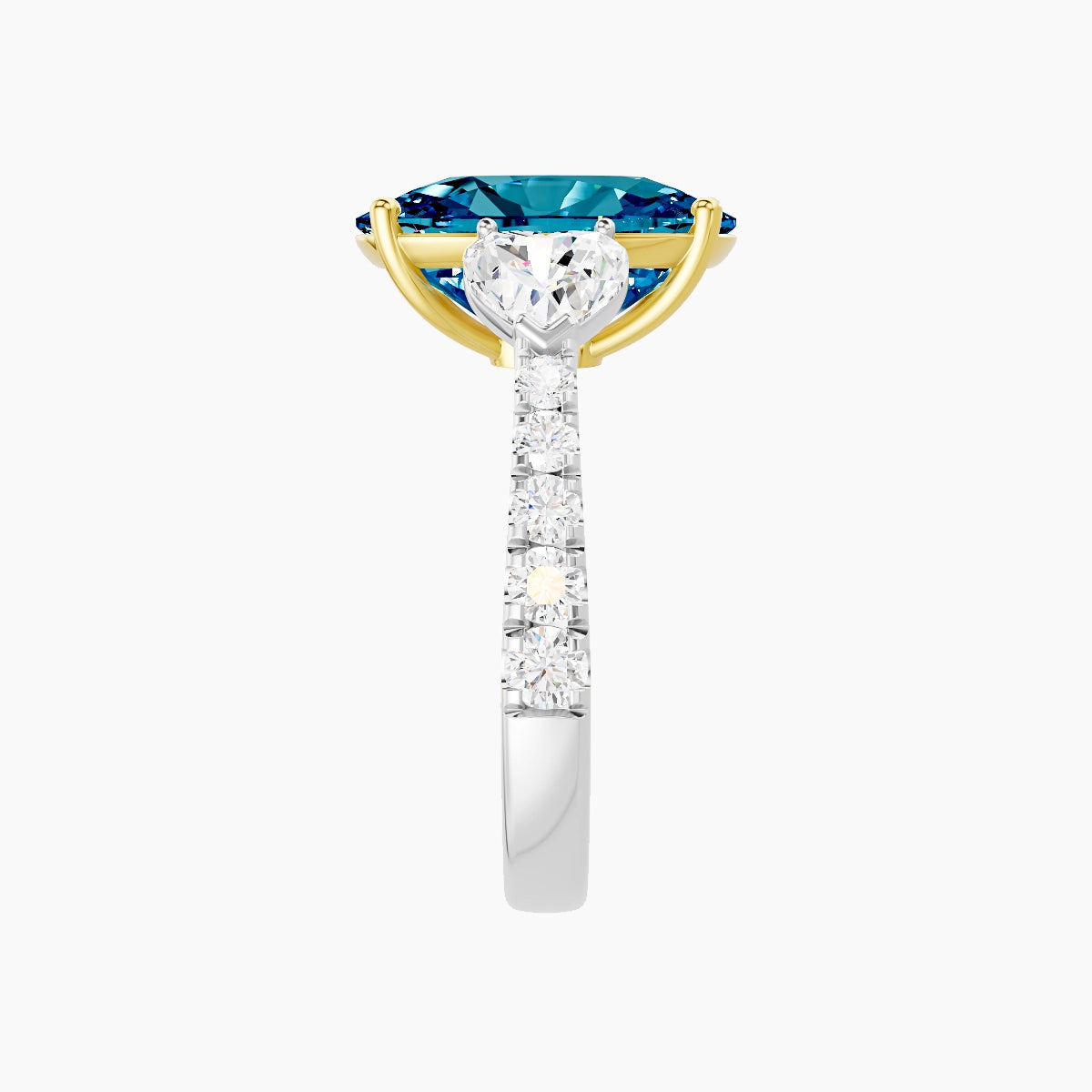 Classic Heart Trilogy with Reverse Shank | 18k White & Yellow Gold 5 ct Cushion Blue Lab Diamond Ring