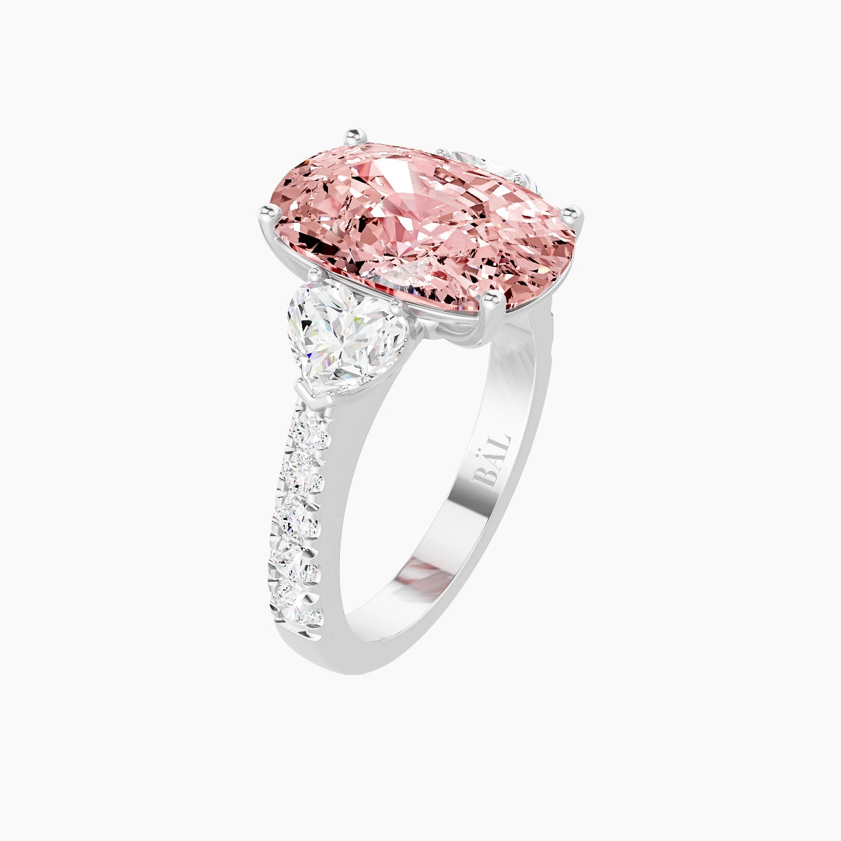 Classic Heart Trilogy with Reverse Shank | 18k White Gold 5 ct Cushion Pink Lab Diamond Ring