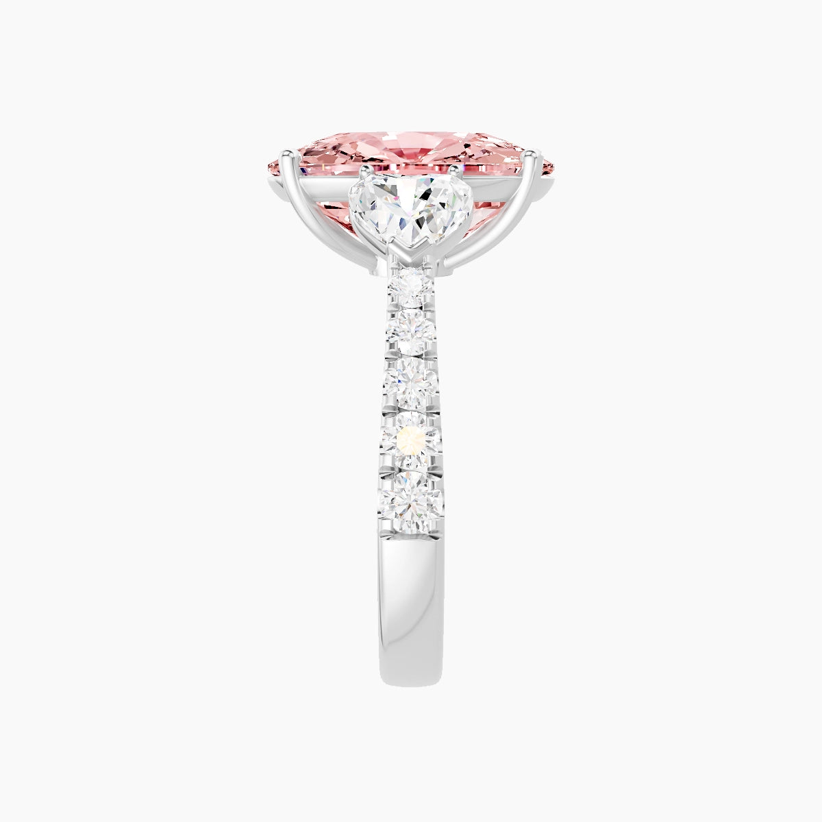 Classic Heart Trilogy with Reverse Shank | 18k White Gold 5 ct Cushion Pink Lab Diamond Ring