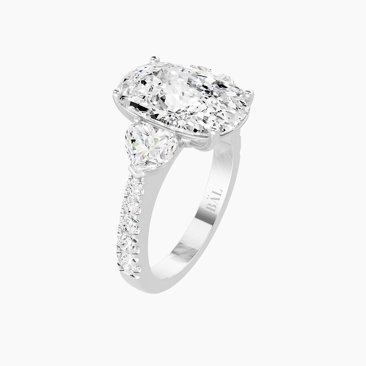 Classic Heart Trilogy with Reverse Shank | 18k White Gold 5 ct Cushion White Lab Diamond Ring