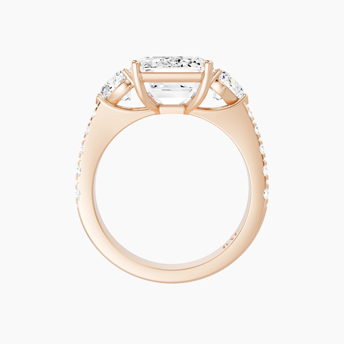 Classic Heart Trilogy with Reverse Shank | 18k Rose Gold 5 ct Emerald White Lab Diamond Ring