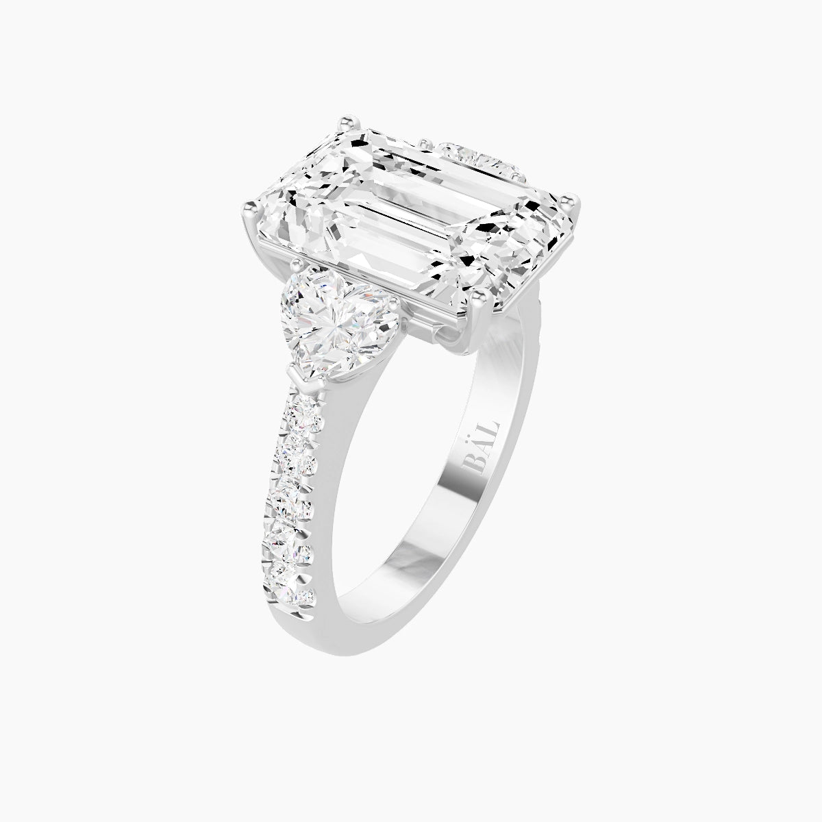 Classic Heart Trilogy with Reverse Shank | 18k White Gold 5 ct Emerald White Lab Diamond Ring