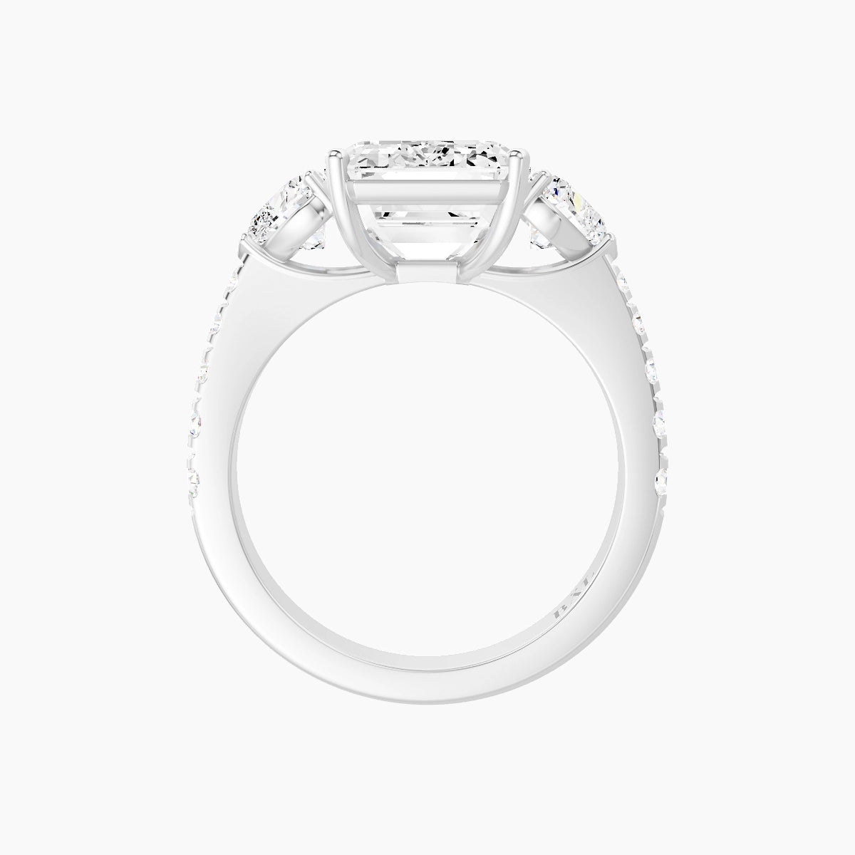 Classic Heart Trilogy with Reverse Shank | 18k White Gold 5 ct Emerald White Lab Diamond Ring