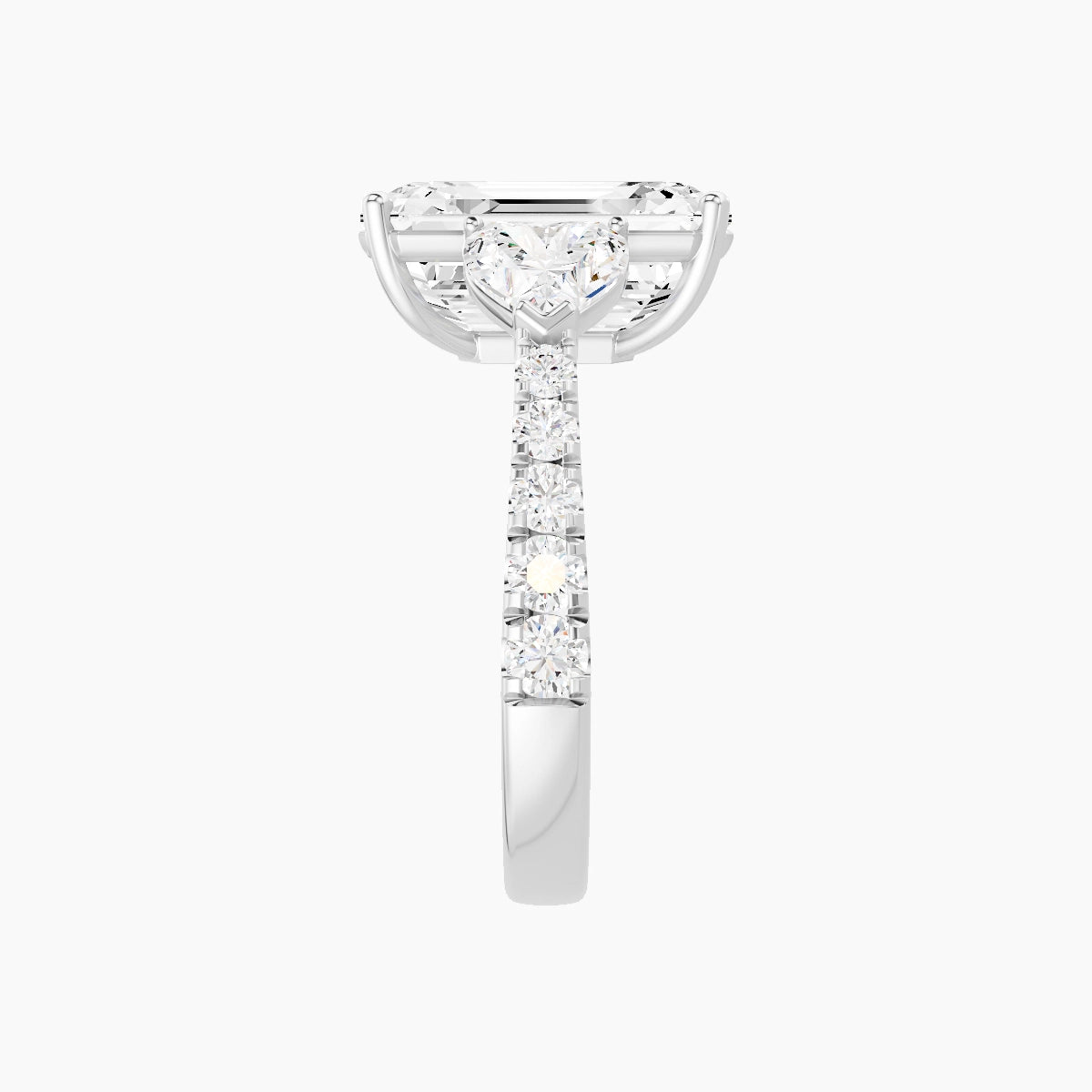 Classic Heart Trilogy with Reverse Shank | 18k White Gold 5 ct Emerald White Lab Diamond Ring