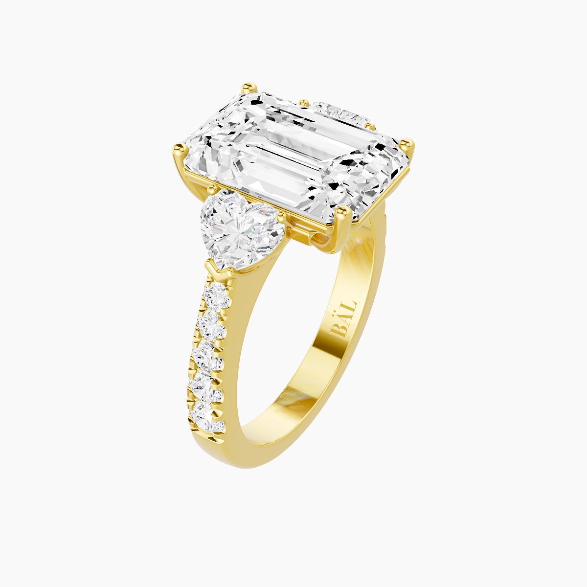 Classic Heart Trilogy with Reverse Shank | 18k Yellow Gold 5 ct Emerald White Lab Diamond Ring