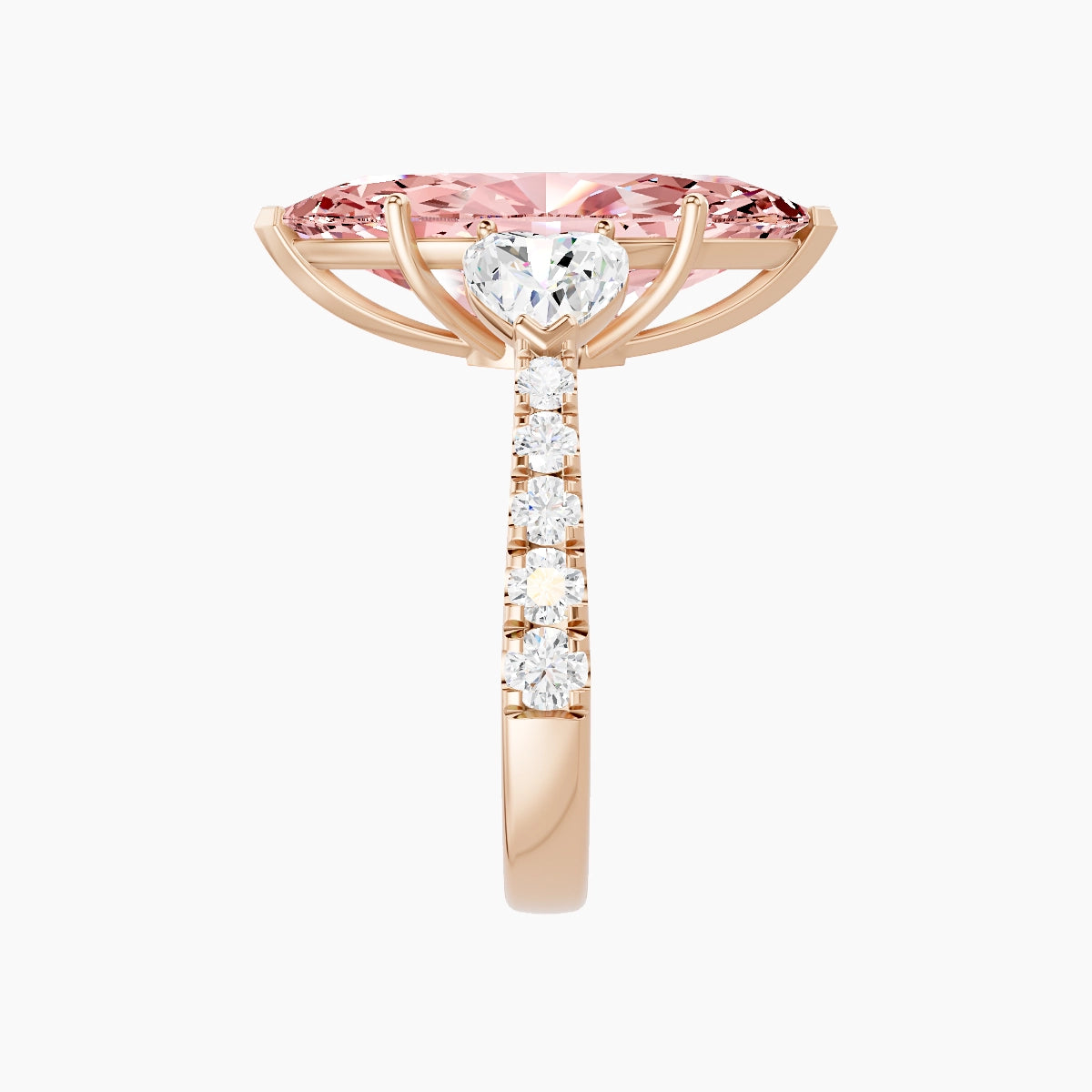 Classic Heart Trilogy with Reverse Shank | 18k Rose Gold 5 ct Marquise Pink Lab Diamond Ring