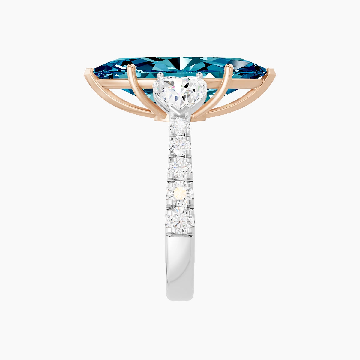 Classic Heart Trilogy with Reverse Shank | 18k White & Rose Gold 5 ct Marquise Blue Lab Diamond Ring