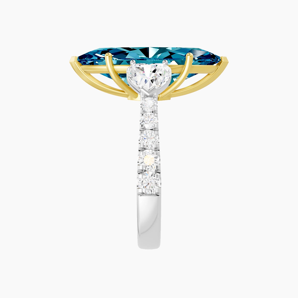Classic Heart Trilogy with Reverse Shank | 18k White & Yellow Gold 5 ct Marquise Blue Lab Diamond Ring