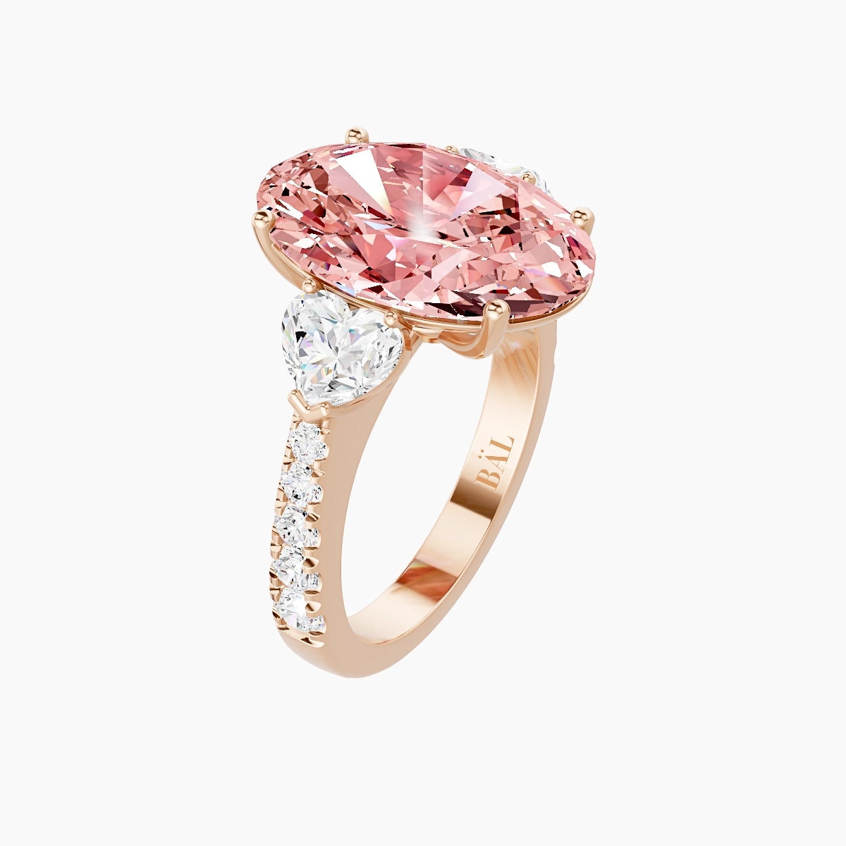 Classic Heart Trilogy with Reverse Shank | 18k Rose Gold 5 ct Oval Pink Lab Diamond Ring