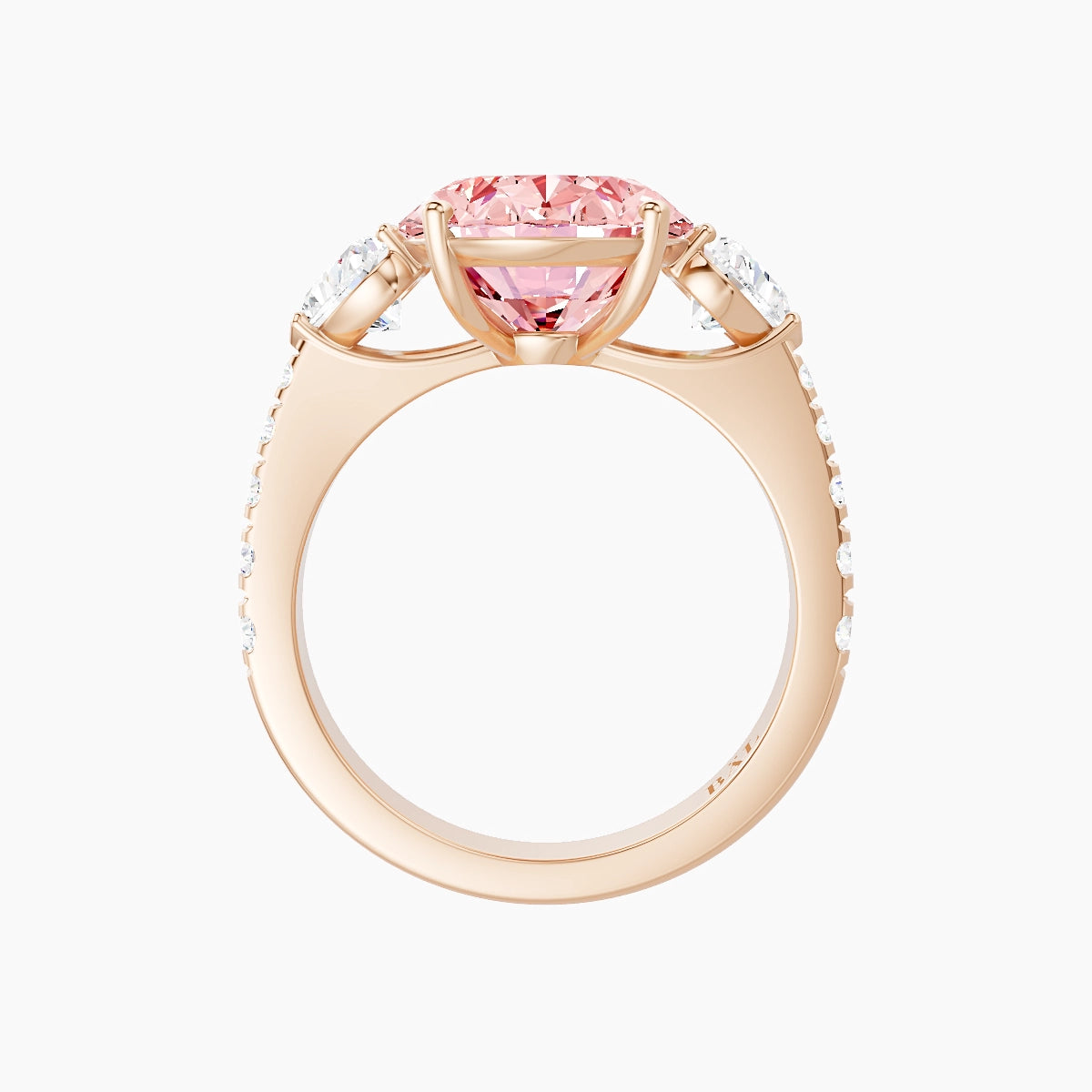 Classic Heart Trilogy with Reverse Shank | 18k Rose Gold 5 ct Oval Pink Lab Diamond Ring