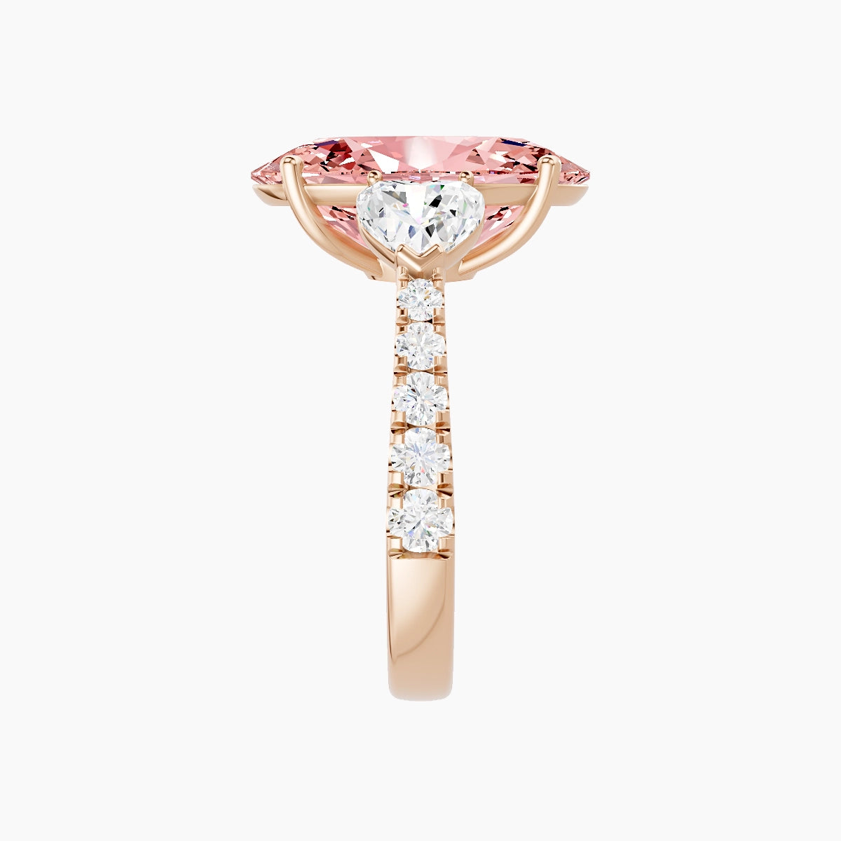 Classic Heart Trilogy with Reverse Shank | 18k Rose Gold 5 ct Oval Pink Lab Diamond Ring