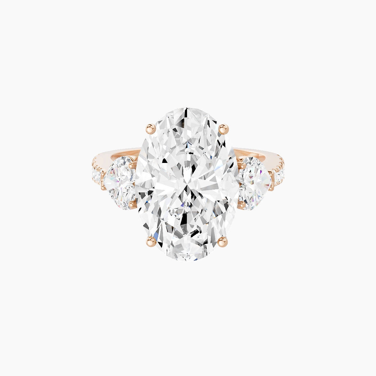 Classic Heart Trilogy with Reverse Shank | 18k Rose Gold 5 ct Oval White Lab Diamond Ring