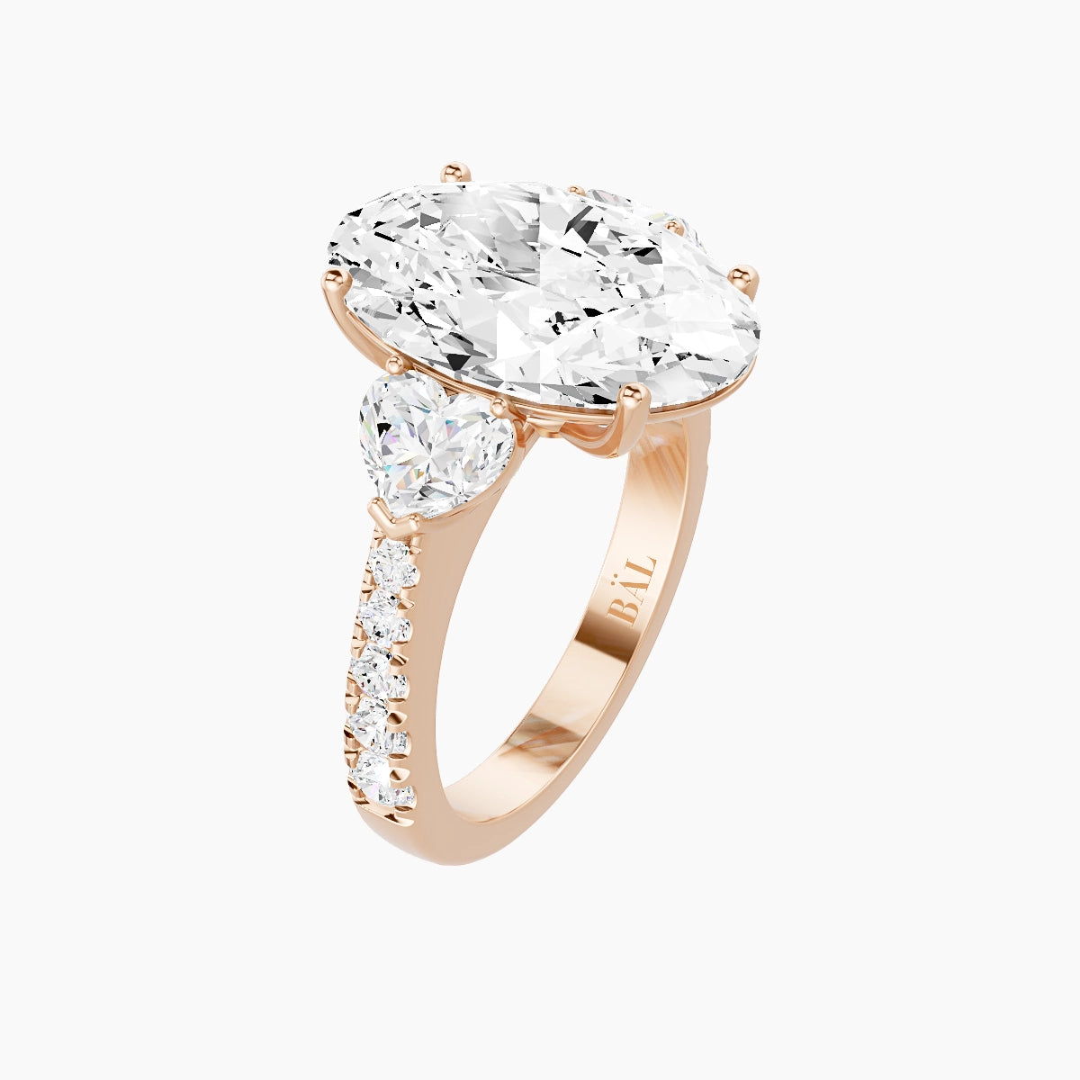 Classic Heart Trilogy with Reverse Shank | 18k Rose Gold 5 ct Oval White Lab Diamond Ring