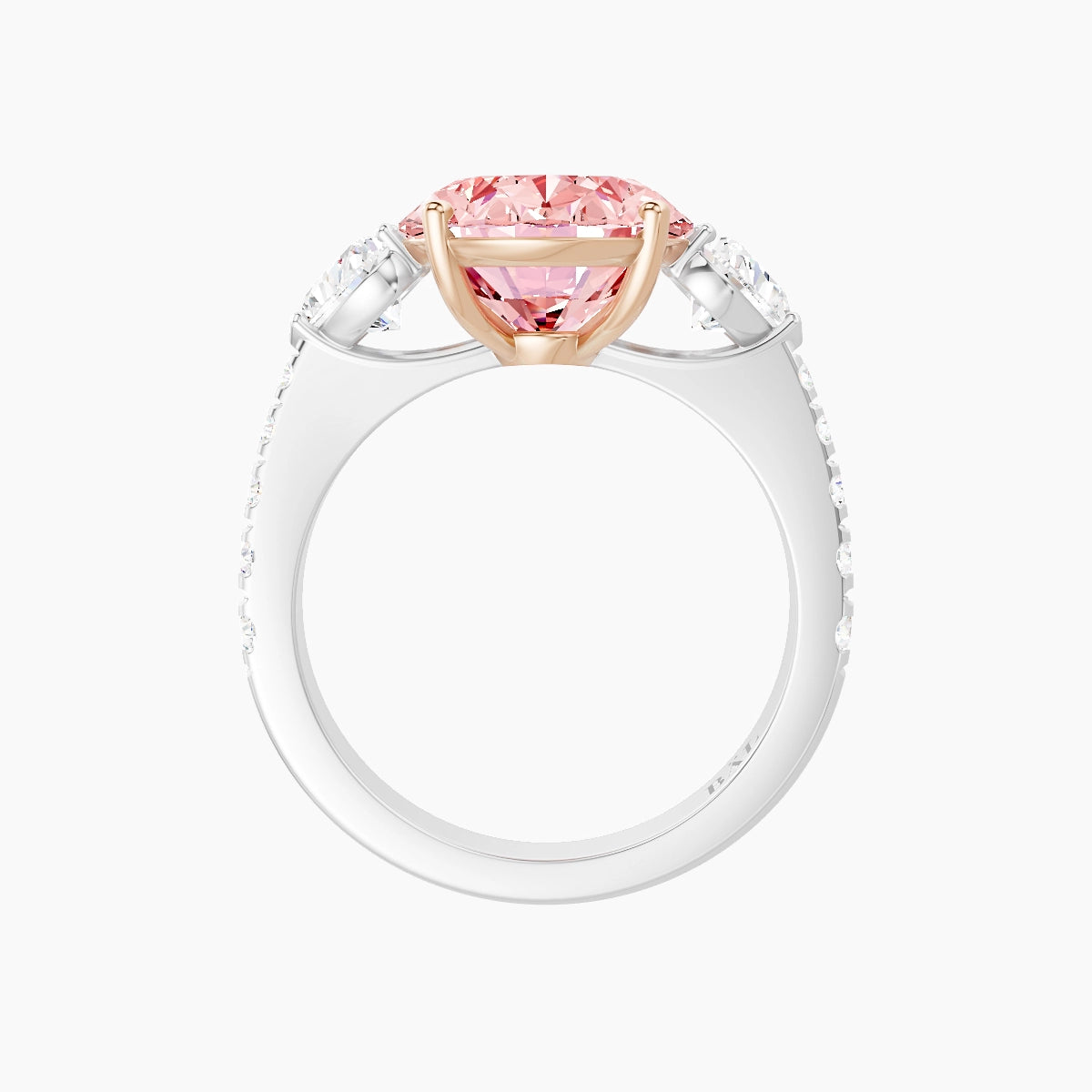 Classic Heart Trilogy with Reverse Shank | 18k White & Rose Gold 5 ct Oval Pink Lab Diamond Ring