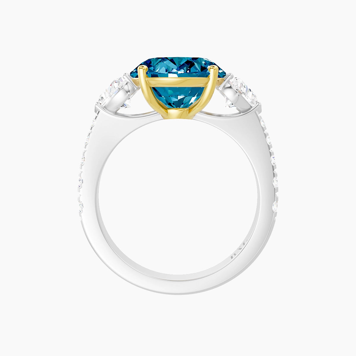Classic Heart Trilogy with Reverse Shank | 18k White & Yellow Gold 5 ct Oval Blue Lab Diamond Ring