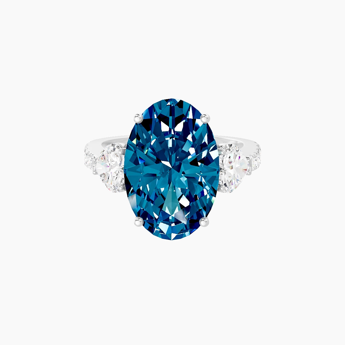 Classic Heart Trilogy with Reverse Shank | 18k White Gold 5 ct Oval Blue Lab Diamond Ring