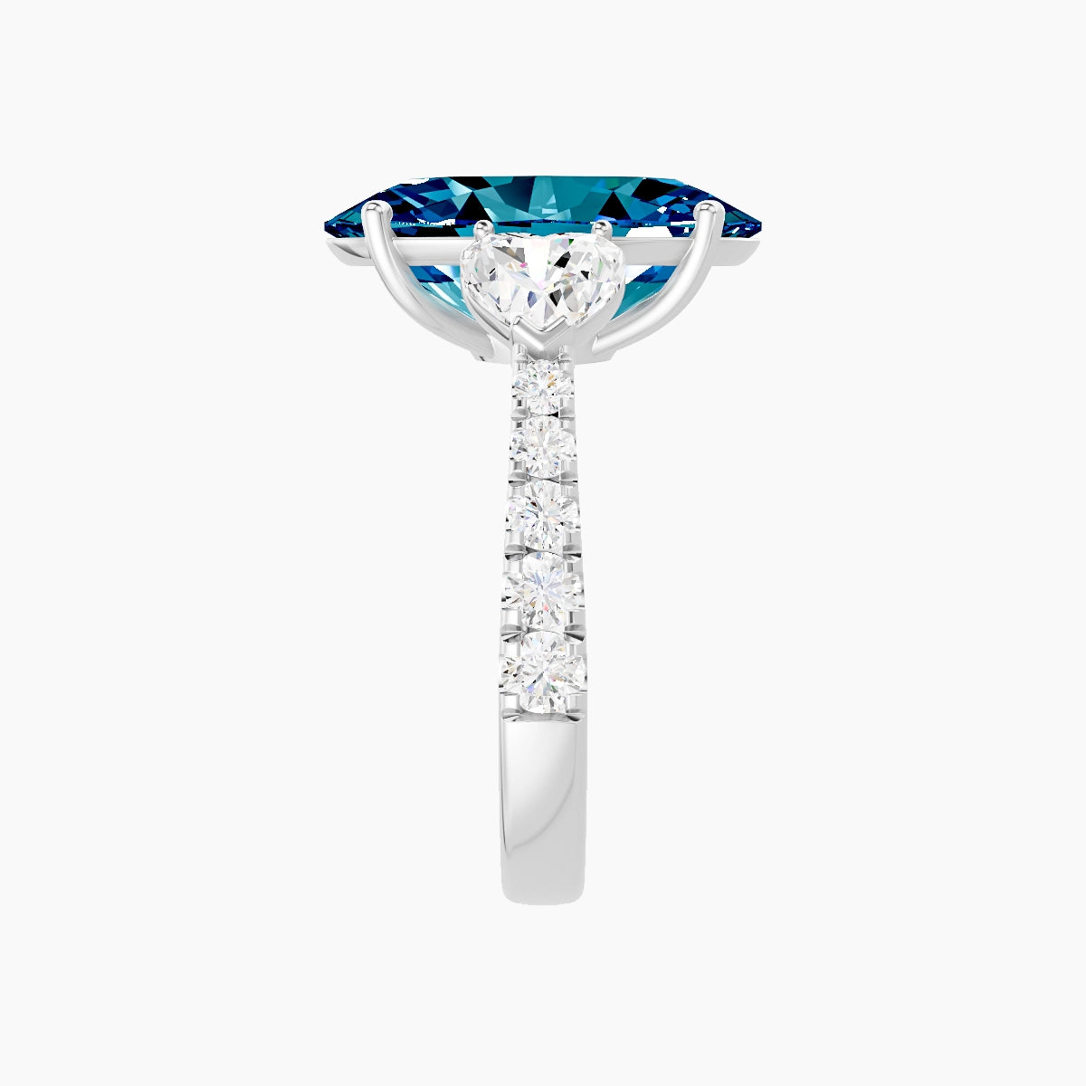 Classic Heart Trilogy with Reverse Shank | 18k White Gold 5 ct Oval Blue Lab Diamond Ring