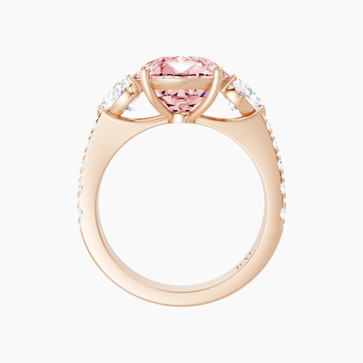 Classic Heart Trilogy with Reverse Shank | 18k Rose Gold 5 ct Pear Pink Lab Diamond Ring