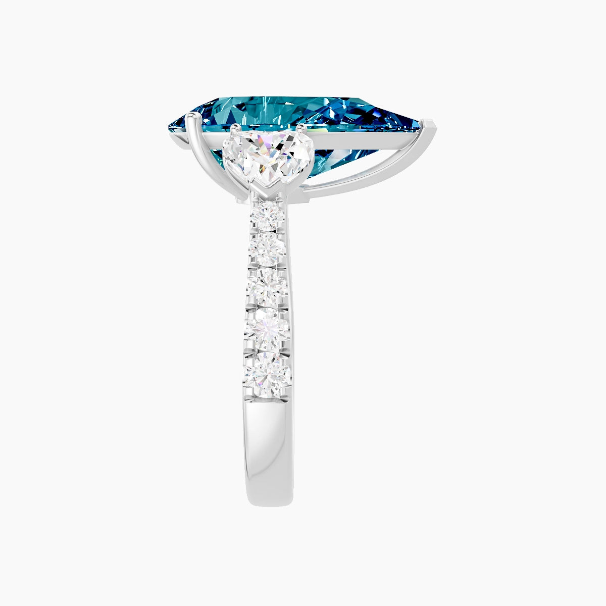 Classic Heart Trilogy with Reverse Shank | 18k White Gold 5 ct Pear Blue Lab Diamond Ring