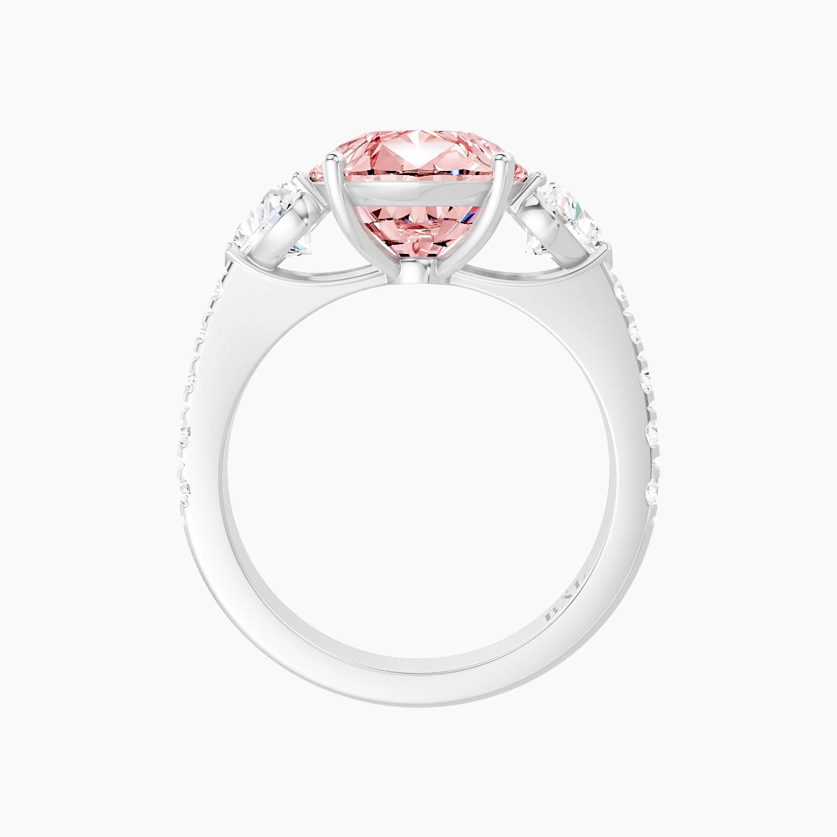 Classic Heart Trilogy with Reverse Shank | 18k White Gold 5 ct Pear Pink Lab Diamond Ring