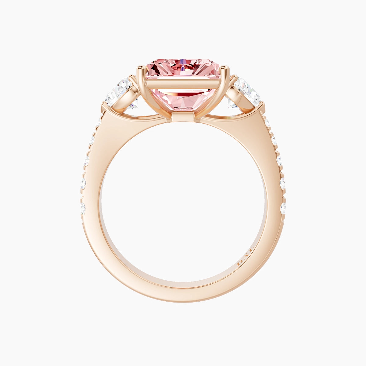Classic Heart Trilogy with Reverse Shank | 18k Rose Gold 5 ct Radiant Pink Lab Diamond Ring