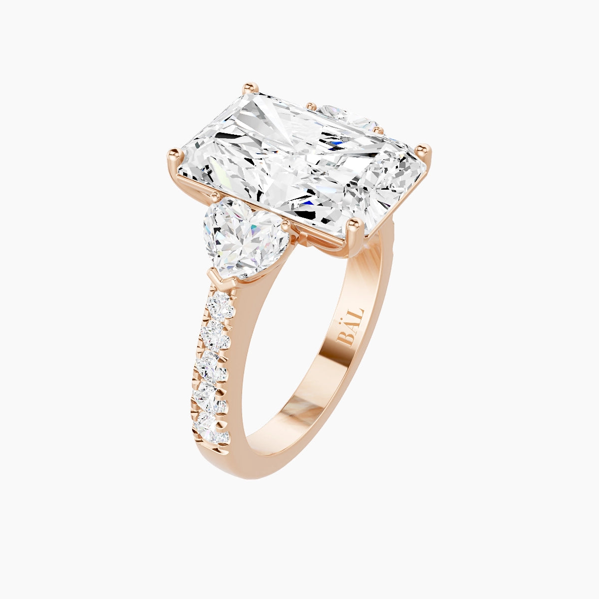 Classic Heart Trilogy with Reverse Shank | 18k Rose Gold 5 ct Radiant White Lab Diamond Ring