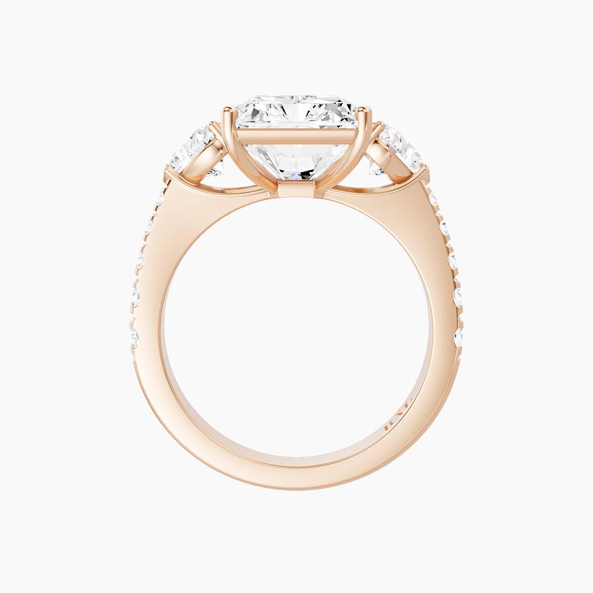 Classic Heart Trilogy with Reverse Shank | 18k Rose Gold 5 ct Radiant White Lab Diamond Ring