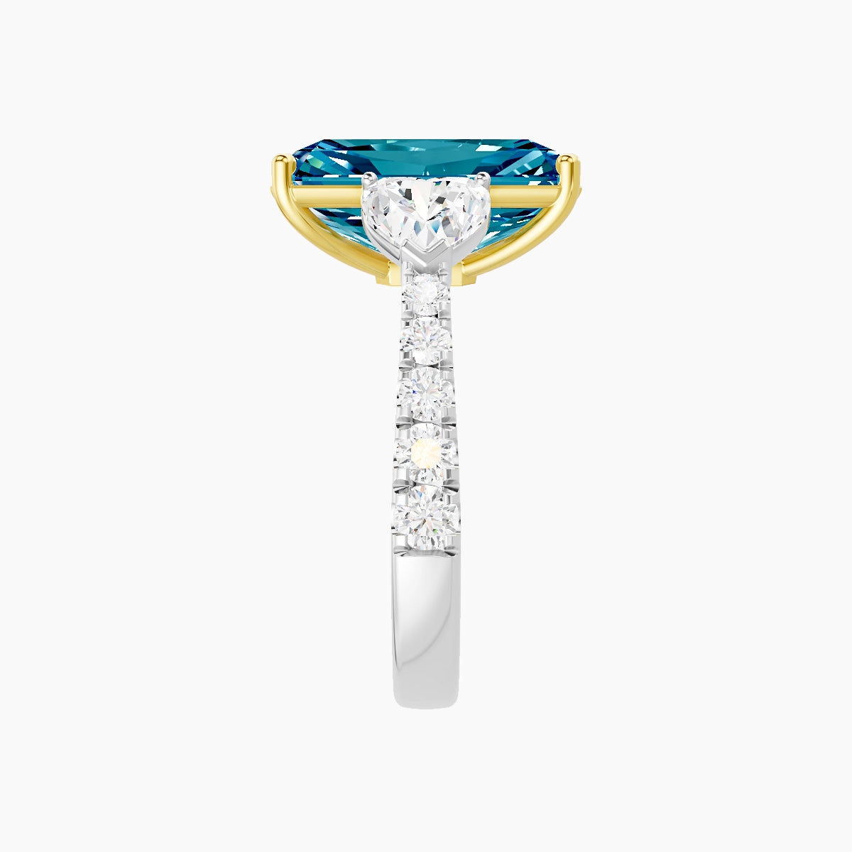 Classic Heart Trilogy with Reverse Shank | 18k White & Yellow Gold 5 ct Radiant Blue Lab Diamond Ring