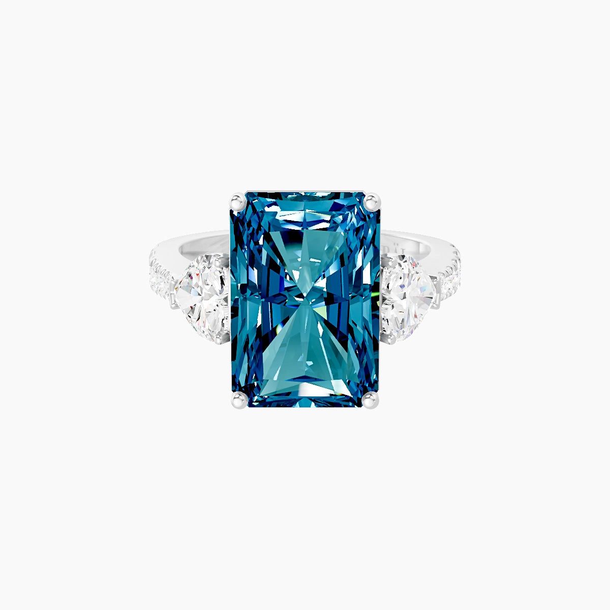 Classic Heart Trilogy with Reverse Shank | 18k White Gold 5 ct Radiant Blue Lab Diamond Ring