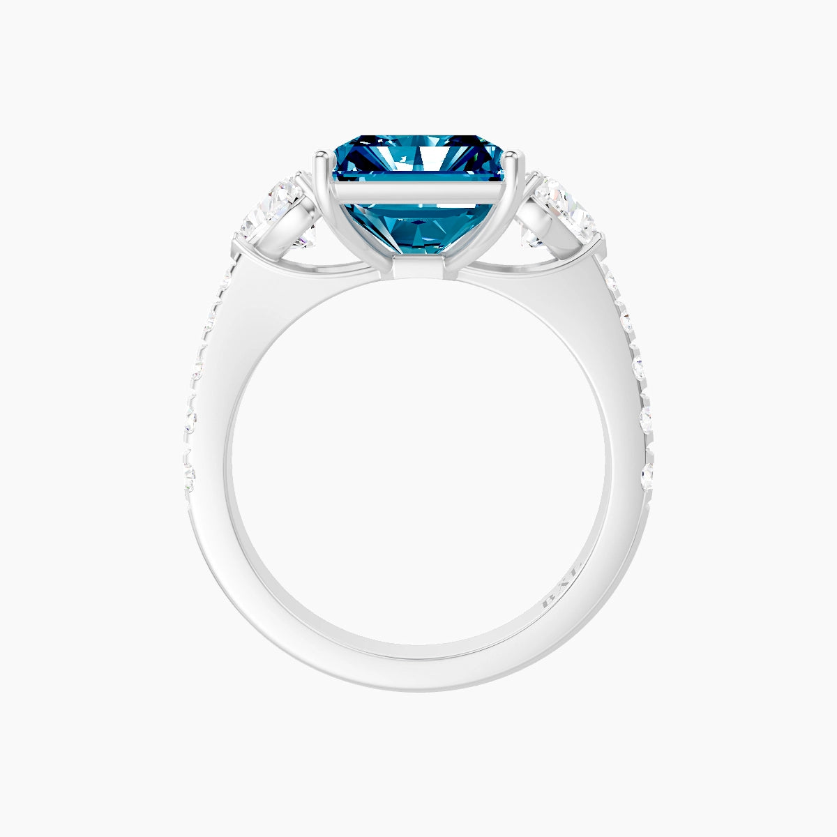 Classic Heart Trilogy with Reverse Shank | 18k White Gold 5 ct Radiant Blue Lab Diamond Ring