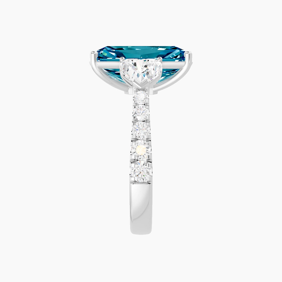 Classic Heart Trilogy with Reverse Shank | 18k White Gold 5 ct Radiant Blue Lab Diamond Ring