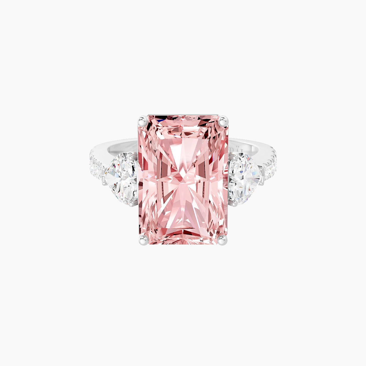 Classic Heart Trilogy with Reverse Shank | 18k White Gold 5 ct Radiant Pink Lab Diamond Ring