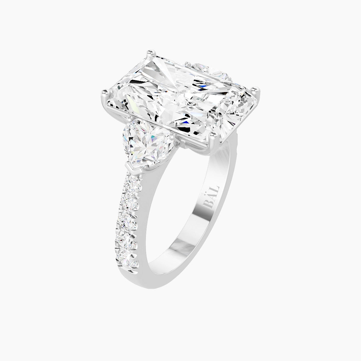 Classic Heart Trilogy with Reverse Shank | 18k White Gold 5 ct Radiant White Lab Diamond Ring